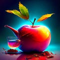 Red apple with a teapot on a dark blue background. AI Generated