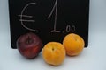 A red apple with two yellow peaches with a black chalkboard with writing, one euro. Fruit and vegetable sale concept