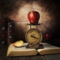 Red Apple with vintage small scale  on top of open book Royalty Free Stock Photo