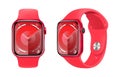 Red Apple Watch Series 9 device with Red Sport Band, on white background, vector illustration. The Apple Watch is a line of Royalty Free Stock Photo