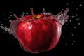 Red apple with water splash isolated on black background. Close up. Generative AI Royalty Free Stock Photo