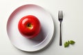A red apple on a white plate with a fork and knife, AI Royalty Free Stock Photo