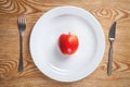 Red apple on the white plate with fork and knife. Diet concept Royalty Free Stock Photo