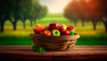 Red apple in wicker basket on wooden table on nature tree garden blurred background Royalty Free Stock Photo