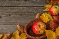 Red apples on autumn leaves top view Royalty Free Stock Photo