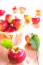 Red apples in basket on wooden table background. Fresh autumn harvest. Rustic style. Close up Royalty Free Stock Photo