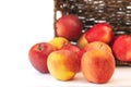 Red apples close up. Fresh organic fruits in a wicker basket isolated on white background Royalty Free Stock Photo