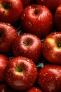 Red apples, closeup with top view, Red apple patterns, Top view of bright ripe fragrant red apples with water drops as background