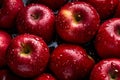 Red apples, closeup with top view, Red apple patterns, Top view of bright ripe fragrant red apples with water drops as background