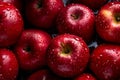 Red apples, closeup with top view, Red apple patterns, Top view of bright ripe fragrant red apples with water drops as background