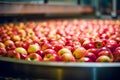 Red apples on conveyor belt in factory, closeup