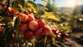 Red apples with drops water in a branch of a apple tree a sunny day in a field Royalty Free Stock Photo