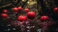 Red apples falling in the forest like in a fairy tale Royalty Free Stock Photo