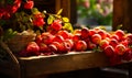 Red apples and red flowers picked in the garden. Ripe fruit are on the wooden table near the basket. Generative AI