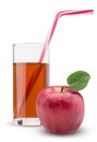 Red apples with green leaf. Glass of fresh apple juice straw pink striped