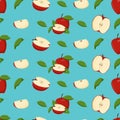 Red apples with green leaves seamless pattern. Flat vector illustration Royalty Free Stock Photo