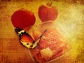 Red apples, honey in honeycomb and beautiful butterfly under the sunlight. Sun shining glow. Sweet lovely gift. Royalty Free Stock Photo