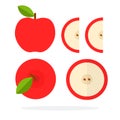 Red apples with a leaf. Round apple slice with two wedges of a red apple flat isolated Royalty Free Stock Photo