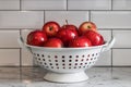 Red apples sitting in a colander in a modern kitchen Royalty Free Stock Photo
