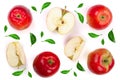 Red apples with slices decorated with green leaves isolated on white background top view. Flat lay pattern Royalty Free Stock Photo