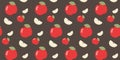 Red Apples and Slices Seamless pattern. Vector Flat Cartoon Illustration. Tasty and Juice fruits isolated on Dark background. Royalty Free Stock Photo