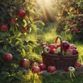 Red apples were placed in a brown basket under the apple tree.
