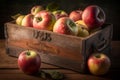 Red apples in a wooden crate. Autumn harvest of delicious ripe fruit. Organic farming. Cultivation in an orchard.