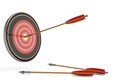 A red archery target with red and wooden arrows. 3D illustratio