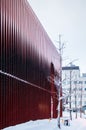 Red architecture exterior of Aomori Nebuta Warasse in winter