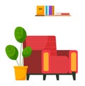 Red armchair potted plant and bookshelf. Living room furniture design, modern home interior elements