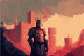 red armored knight standing before a fantastical castle amid an orange-clouded sky