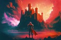 red armored knight standing before a fantastical castle amid an orange-clouded sky