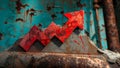 : Red arrow climbing upwards economic indicator in stock market, on rusty debris grungy industrial background. Royalty Free Stock Photo