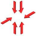 The red arrow in different directions Pointing in the center. V Royalty Free Stock Photo