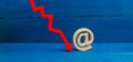 Red arrow down and a symbol of e-mail. Contact and email address concatenation. The fall of the popularity of using mail, the thre