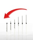 Red arrow drop down above syringe use as graph on glossy floor, Royalty Free Stock Photo