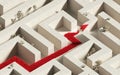 Red arrow navigating a maze symbolizing solutions and finding the right path Royalty Free Stock Photo