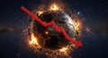 Red arrow pointing down with cracked earth exploding in space. Global crisis concept Royalty Free Stock Photo