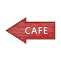 Red arrow. Arrow pointing to the left with the inscription cafe. Wooden pointer in the shape of an arrow isolated on a white Royalty Free Stock Photo