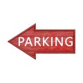 Red arrow. Arrow pointing to the left with the inscription parking. Wooden pointer in the shape of an arrow isolated on a white Royalty Free Stock Photo