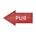 Red arrow. Arrow pointing to the left with the inscription pub. Wooden pointer in the shape of an arrow isolated on a white Royalty Free Stock Photo