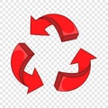 Red arrow recycling icon, cartoon style