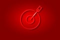 Red arrow in the red target glowing 3D symbol, card template on red background. Vector illustration