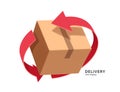 red arrow rotates around parcel box or cardboard box to represent recycling of paper or to signify that parcel box is being