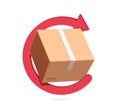 red arrow rotates around parcel box or cardboard box to represent recycling of paper or to signify that parcel box is being
