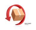 red arrow rotates around parcel box or cardboard box to represent recycling of paper or to signify that parcel box is being