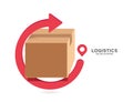 red arrow rotates around parcel box or carton box to represent recycling of paper or to signify that parcel box is being returned