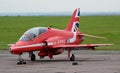 Red Arrows display team Hawk aircraft, modern fast jet.
