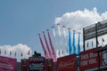 Red Arrows Fly Over at Globe Life Park in Arlington Texas Royalty Free Stock Photo