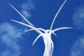 The Red Arrows perform aerobatic maneuvers against a bright blue sky with white vapour trails Royalty Free Stock Photo